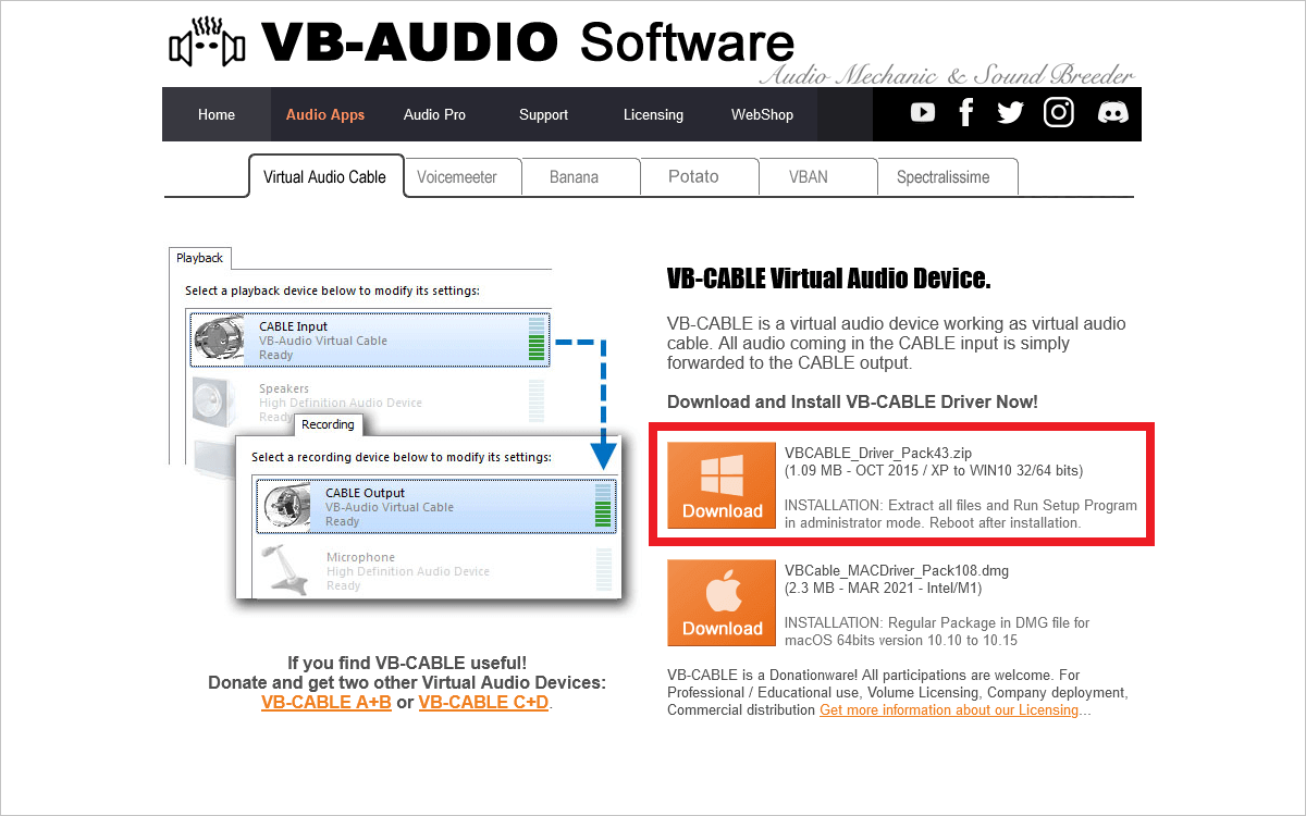Virtual Audio Cableのホームページ