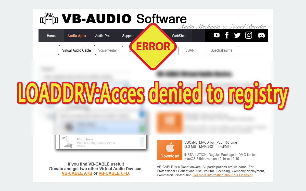 LOADDRV：Acces denied to registry のエラーで VB-CABLE Virtual Audio Device がインストールできないときの対処方法